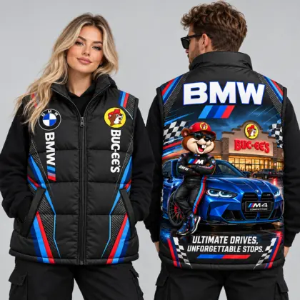 Buc-ee's BMW Black Vest With Bmw Sleeveless Puffer Vest Jacket NDN worn