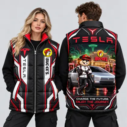 Buc-ee's Tesla Black Red Silver Vest Sleeveless Puffer Vest Jacket NDN worn