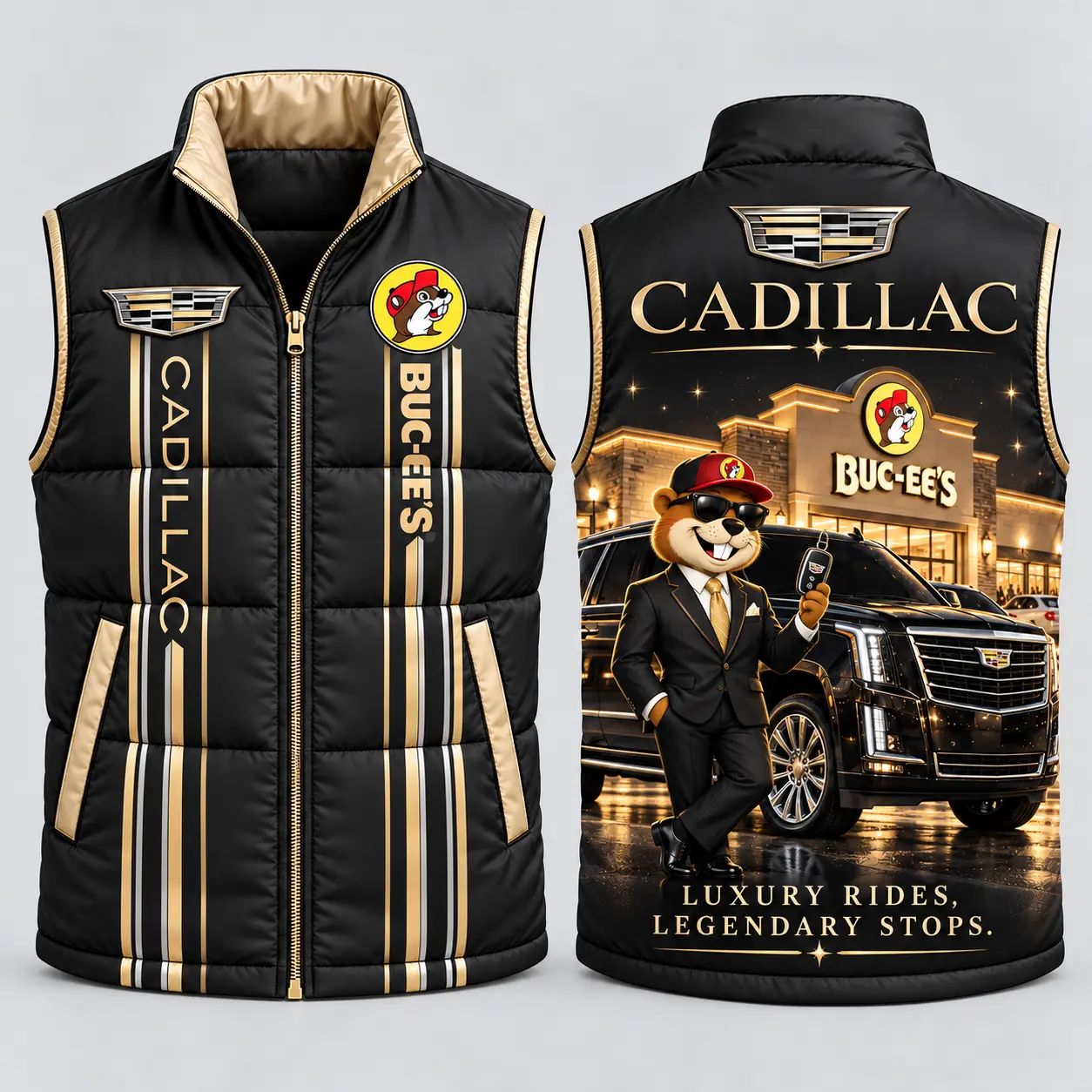 Buc-ee's Cadillac Black Gold Vest Sleeveless Puffer Vest Jacket NDN flat