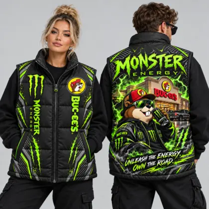 Buc-ee's Monster Energy Black Neon Green Vest Sleeveless Puffer Vest Jacket NDN worn