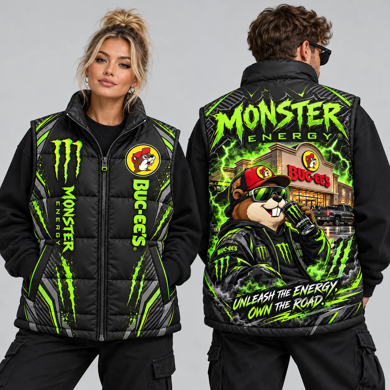 Buc-ee's Monster Energy Black Neon Green Vest Sleeveless Puffer Vest Jacket NDN worn