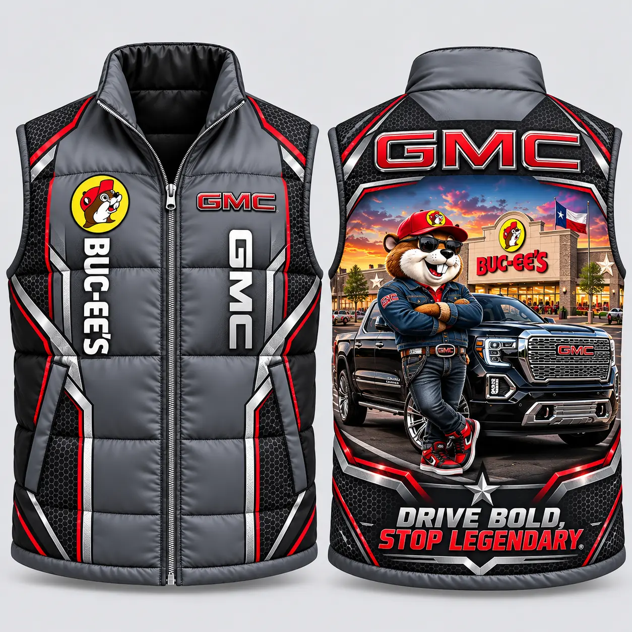 Buc-ee's GMC Gray And Black Vest Sleeveless Puffer Vest Jacket NDN flat