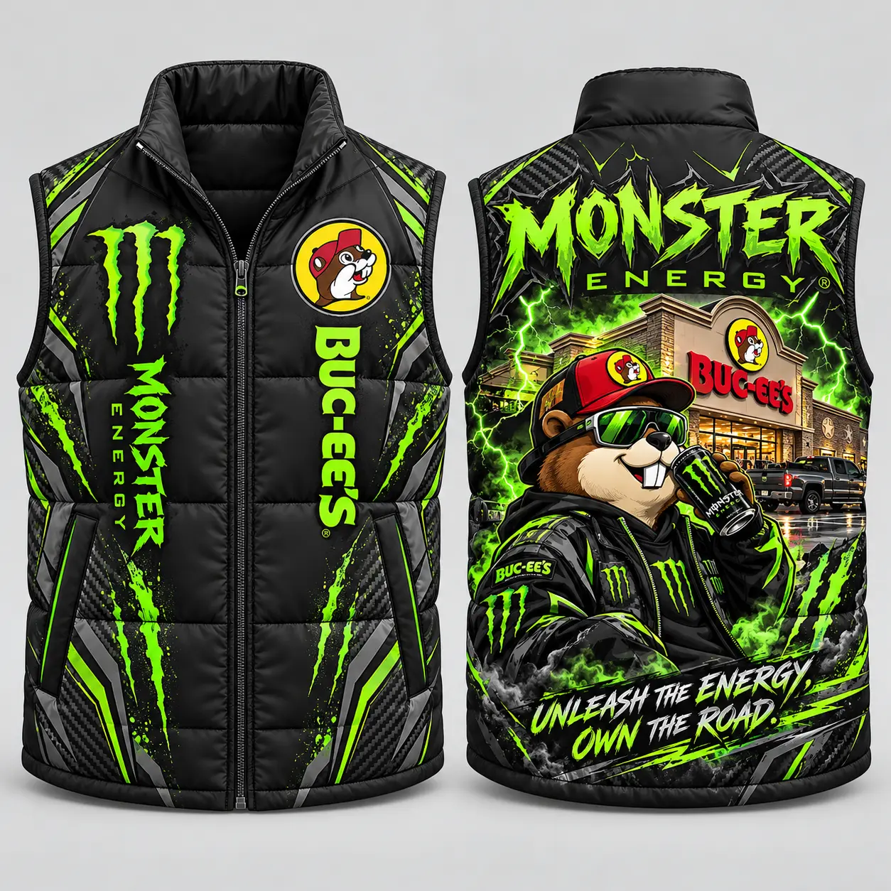 Buc-ee's Monster Energy Black Neon Green Vest Sleeveless Puffer Vest Jacket NDN flat