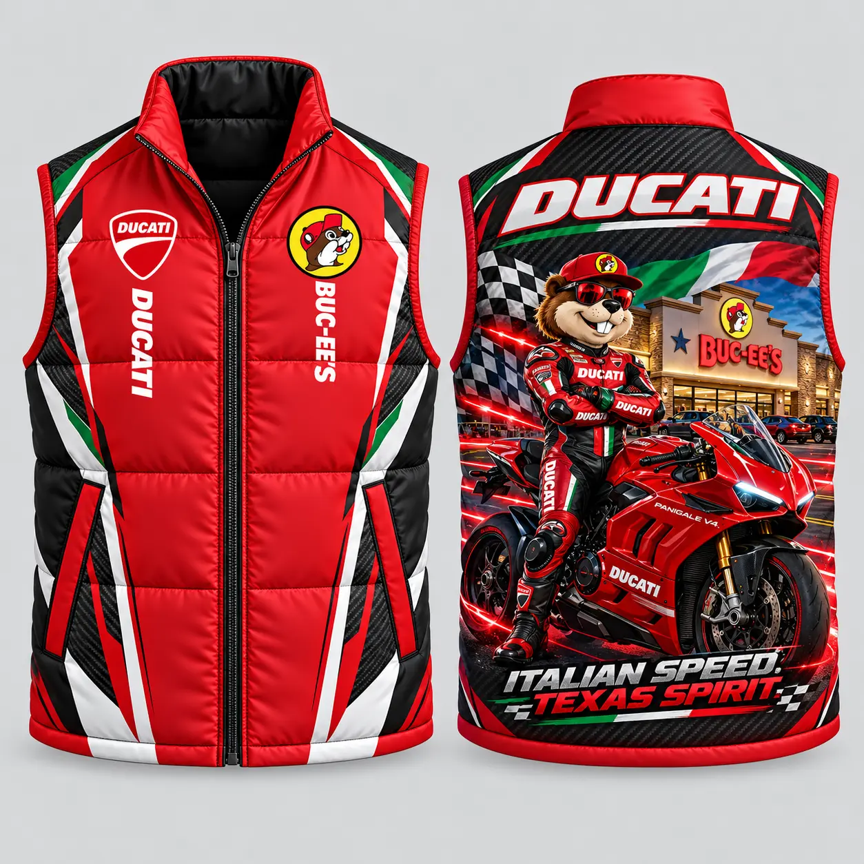 Buc-ee's Ducati Red Black Vest Sleeveless Puffer Vest Jacket NDN flat