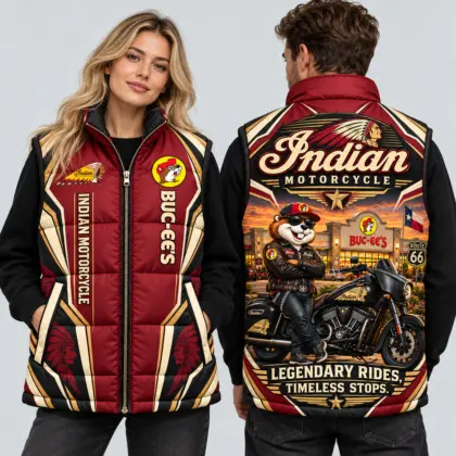 Buc-ee's Indian Motorcycle Burgundy And Gold Vest Sleeveless Puffer Vest Jacket NDN worn