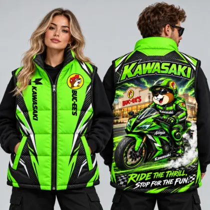 Buc-ee's Kawasaki Neon Green And Black Sleeveless Puffer Vest Jacket NDN worn