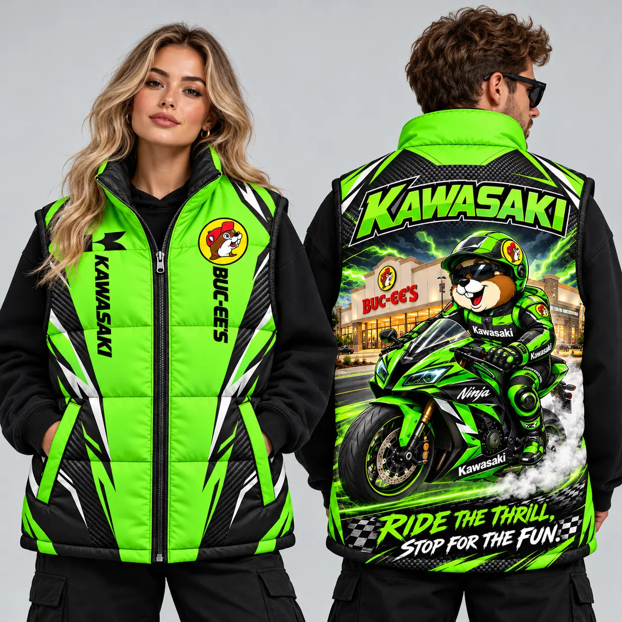 Buc-ee's Kawasaki Neon Green And Black Sleeveless Puffer Vest Jacket NDN worn