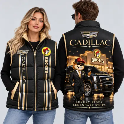 Buc-ee's Cadillac Black Gold Vest Sleeveless Puffer Vest Jacket NDN worn