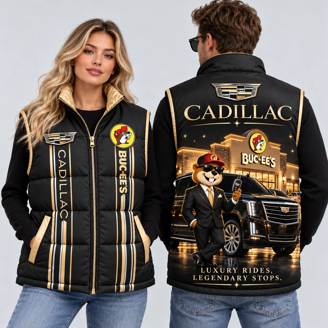 Buc-ee's Cadillac Black Gold Vest Sleeveless Puffer Vest Jacket NDN worn