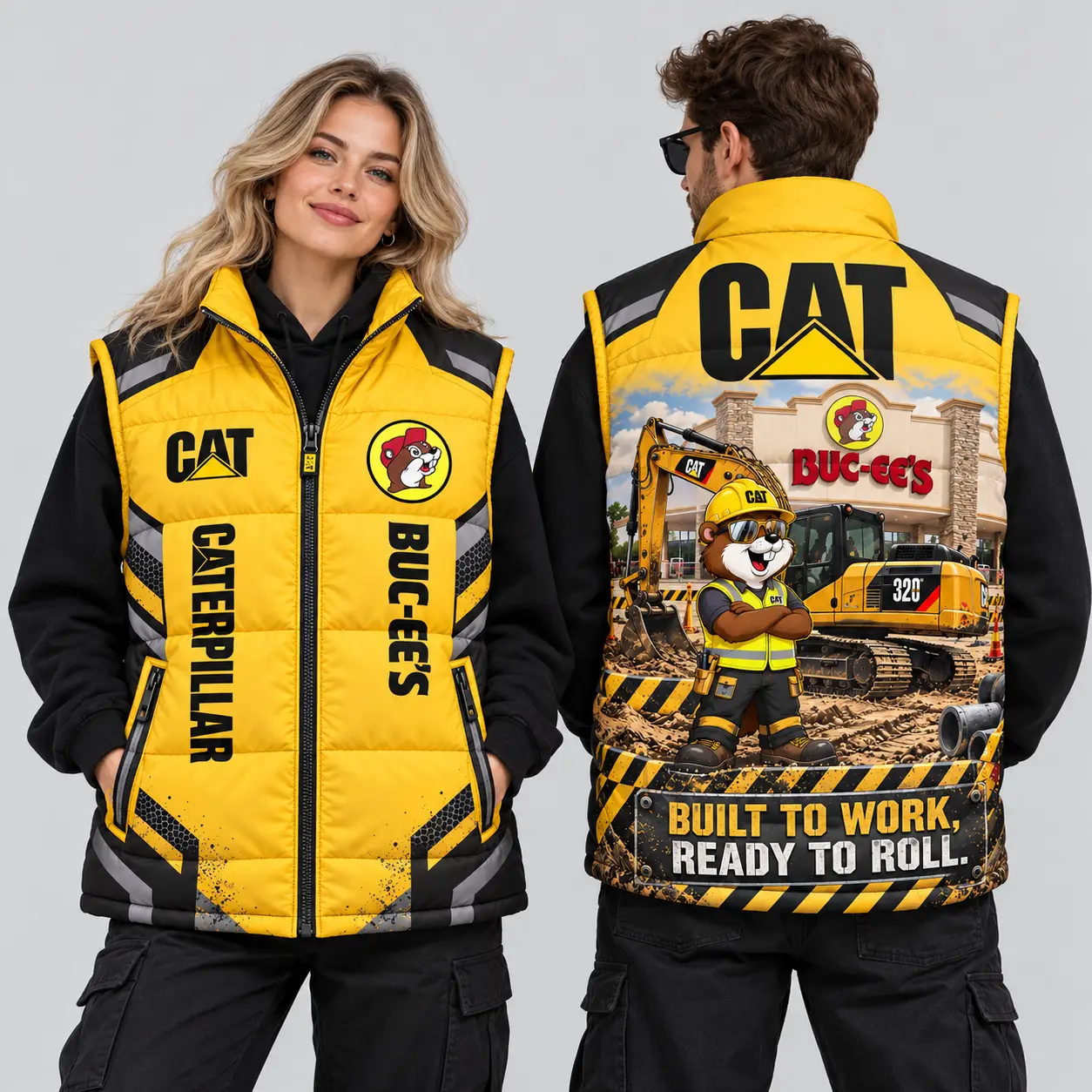 Buc-ee's Caterpillar CAT Yellow And Black Vest Sleeveless Puffer Vest Jacket NDN worn
