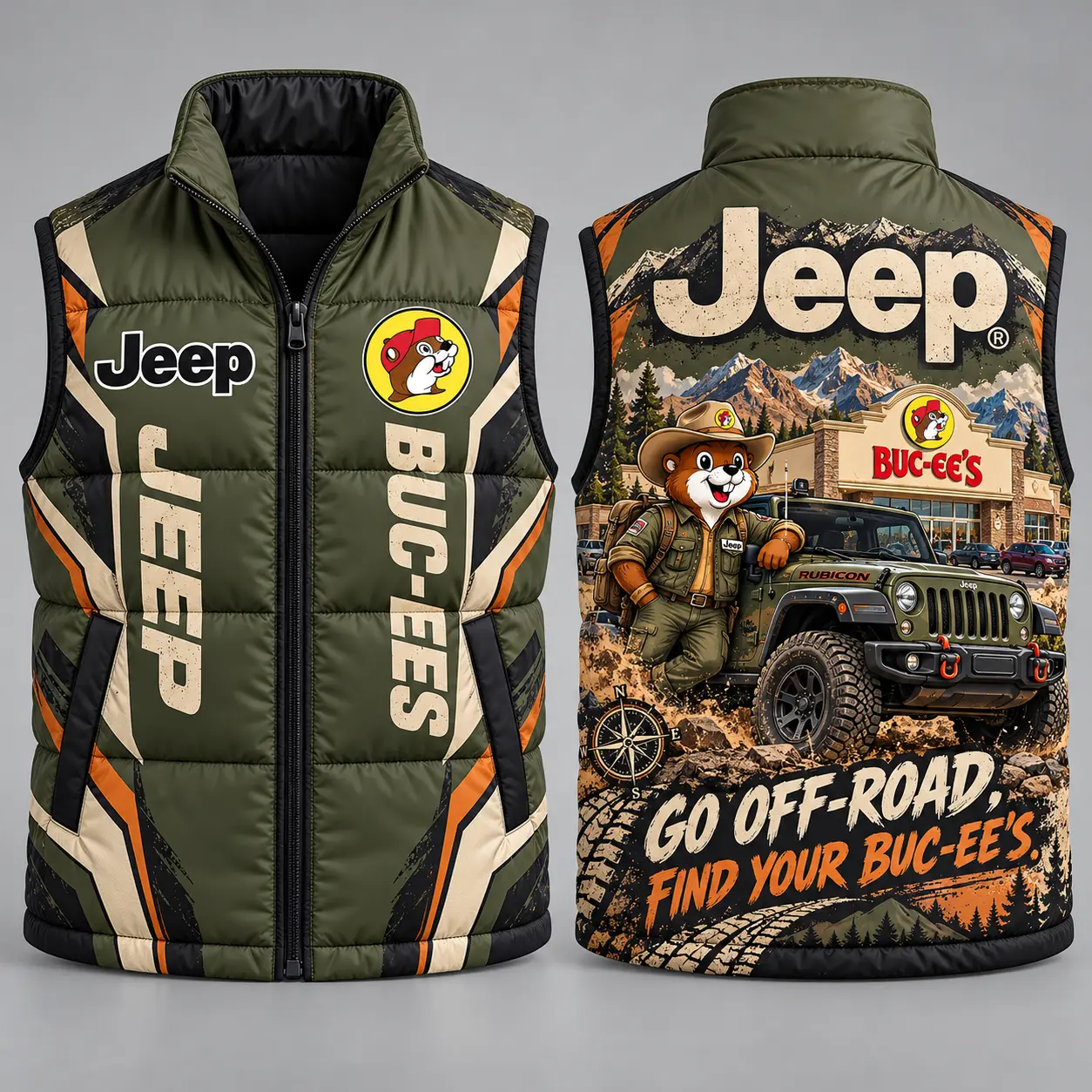 Buc-ee's Jeep Olive Vest Sleeveless Puffer Vest Jacket NDN flat