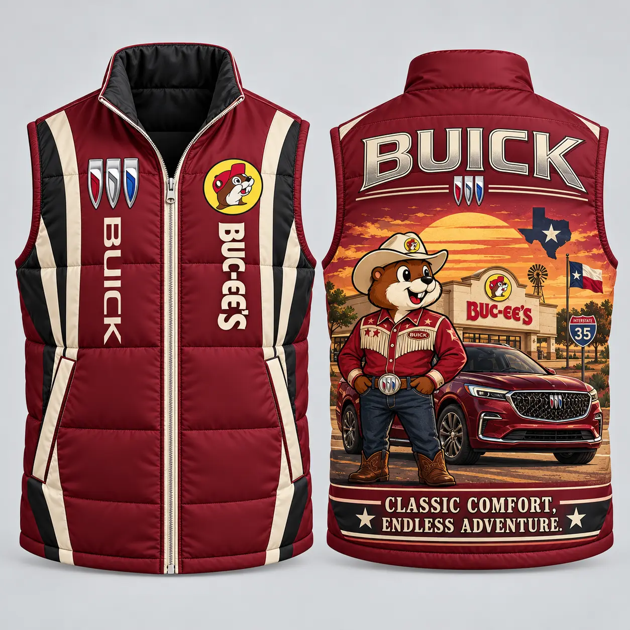 Buc-ee's Buick Burgundy Vest Sleeveless Puffer Vest Jacket NDN flat