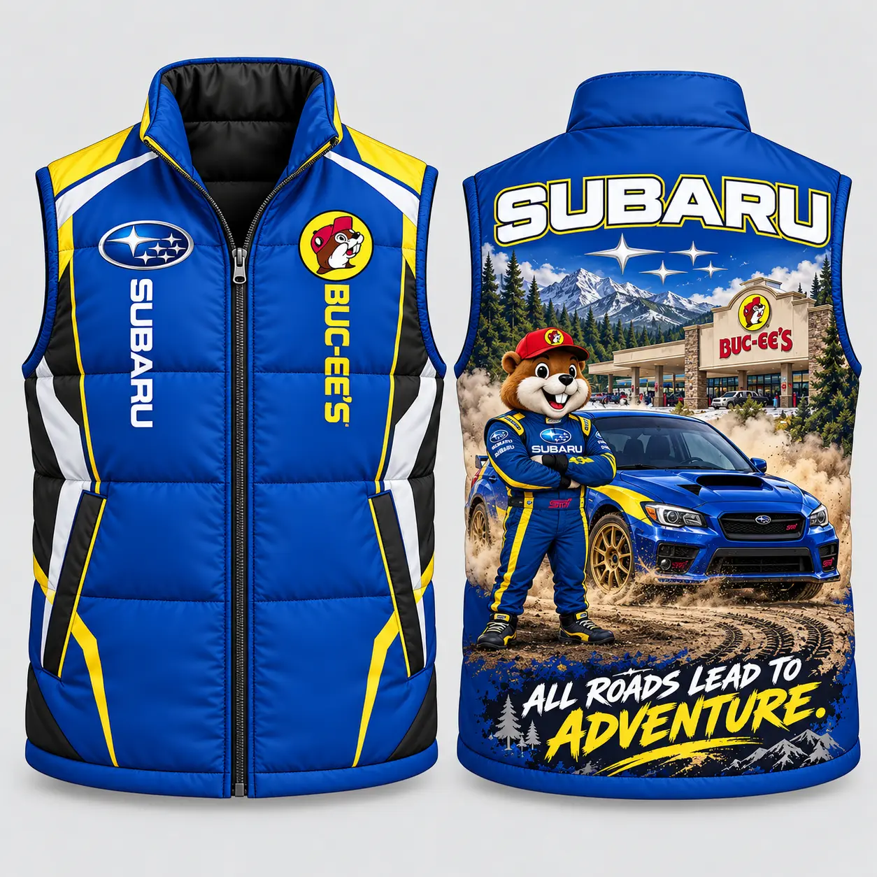 Buc-ee's Subaru Blue Vest With Yellow Sleeveless Puffer Vest Jacket NDN flat