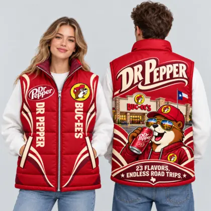 Buc-ee's Dr Pepper Red White Vest Sleeveless Puffer Vest Jacket NDN worn