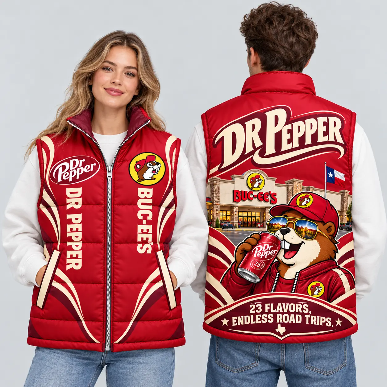 Buc-ee's Dr Pepper Red White Vest Sleeveless Puffer Vest Jacket NDN worn