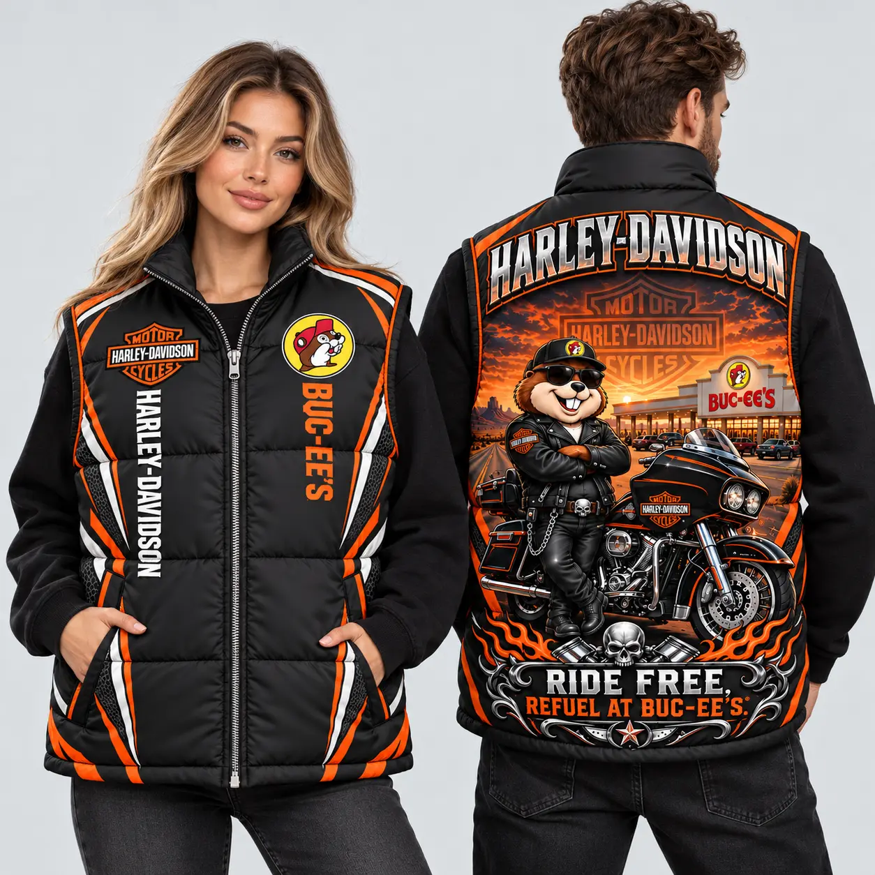 Buc-ee's Harley-Davidson Black Orange Vest Sleeveless Puffer Vest Jacket NDN worn