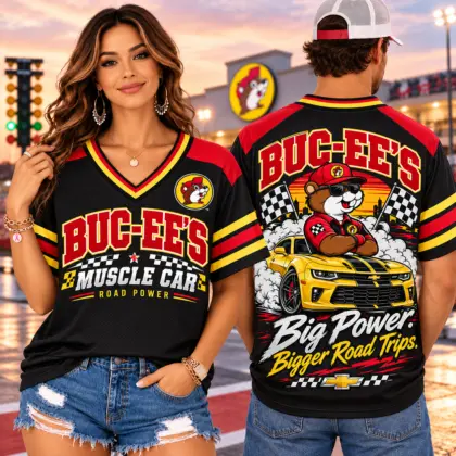 Buc-ee's Muscle Car Checkered Flag V-Neck Baseball Jersey For Big Power Road Trips NDN worn