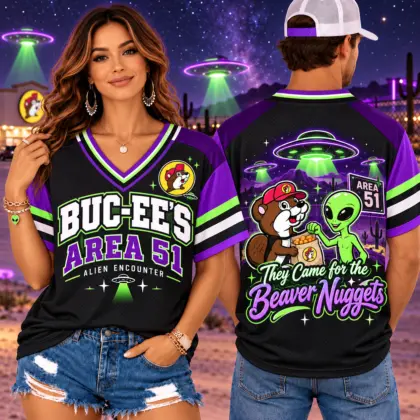 Buc-ee's Area 51 Alien Encounters V-Neck Baseball Jersey For Beaver Nuggets Fans NDN worn