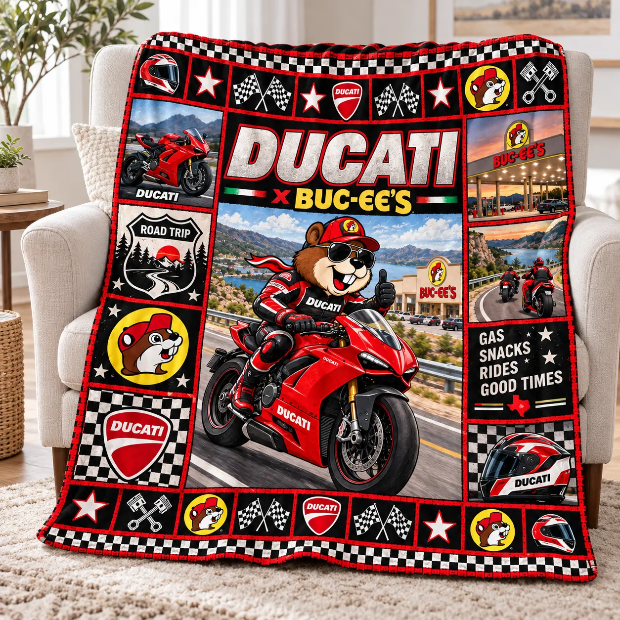 Buc-ee's Ducati Red Sportbike Beaver Fleece Blanket For Gas Snacks Rides Good Times NDN worn