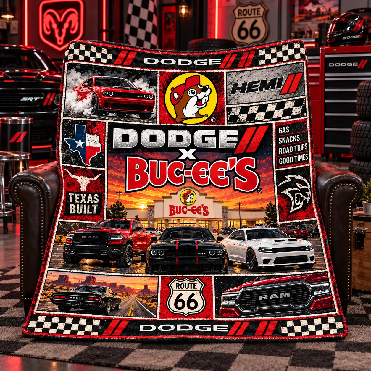 Buc-ee's Dodge HEMI Red Cars Texas Collage Fleece Blanket For Route 66 Road Trips NDN worn