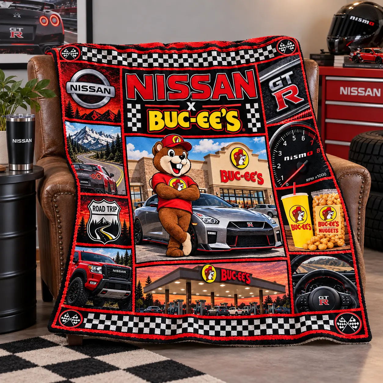 Buc-ee's Nissan GT-R Checkered Collage Fleece Blanket For Racing Road Trip Fans NDN worn