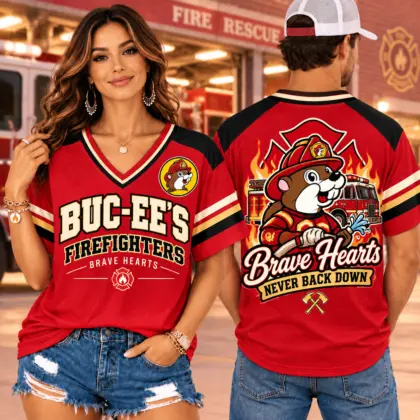 Buc-ee's Firefighters Brave Hearts V-Neck Baseball Jersey For Never Back Down Crews NDN worn
