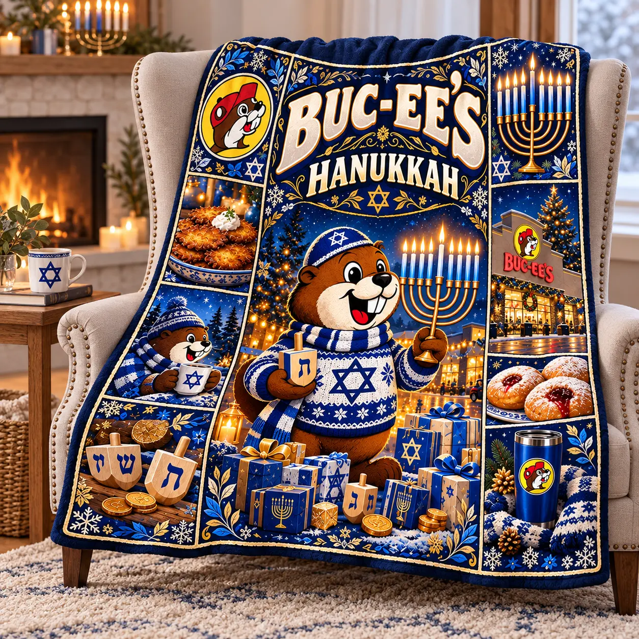 Buc-ee's Hanukkah Eight Nights Bright Tradition Fleece Blanket for Cozy Festival of Lights NDN worn