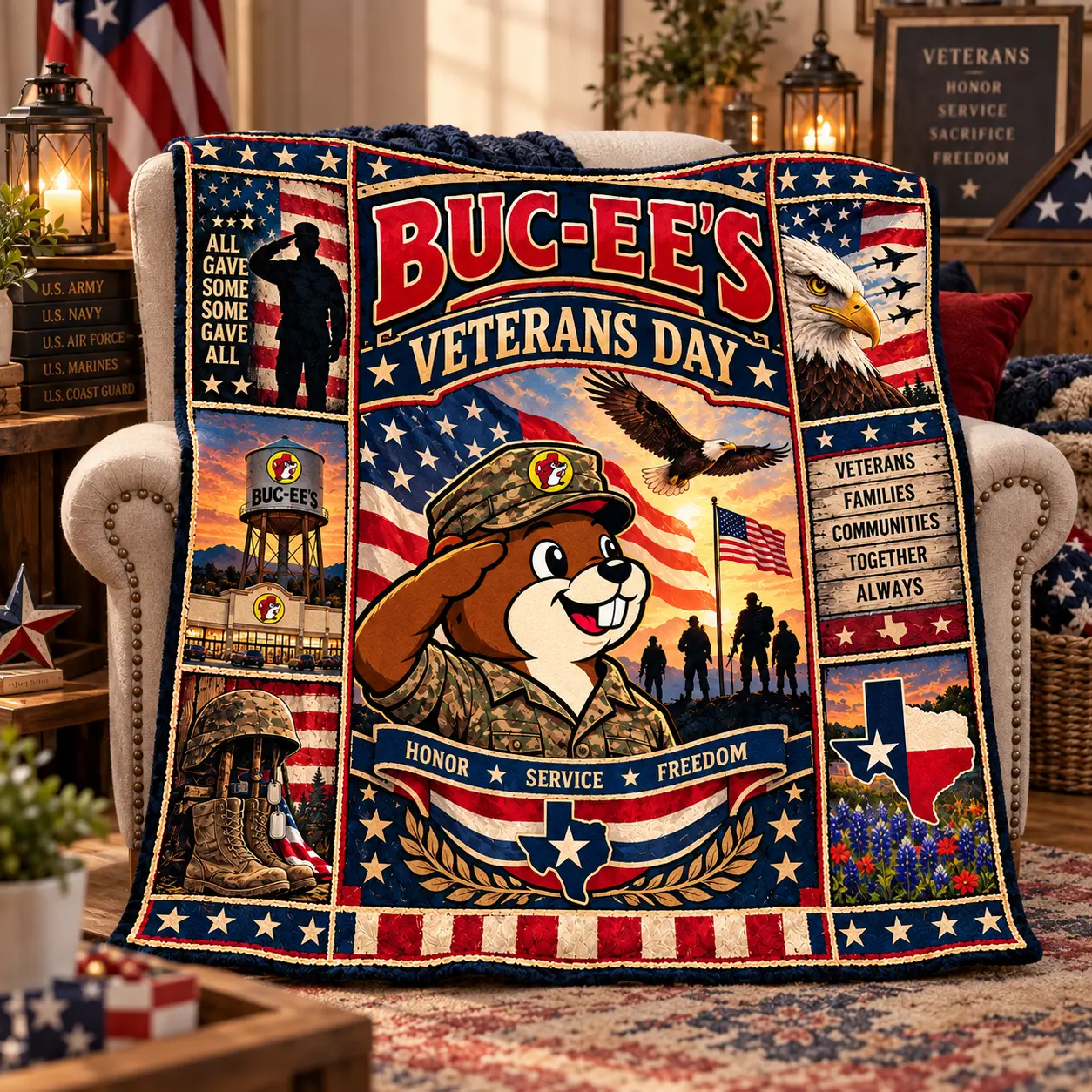 Buc-ee's Veterans Day Honor Their Service Fleece Blanket for Proud American Road Trip Fans NDN worn