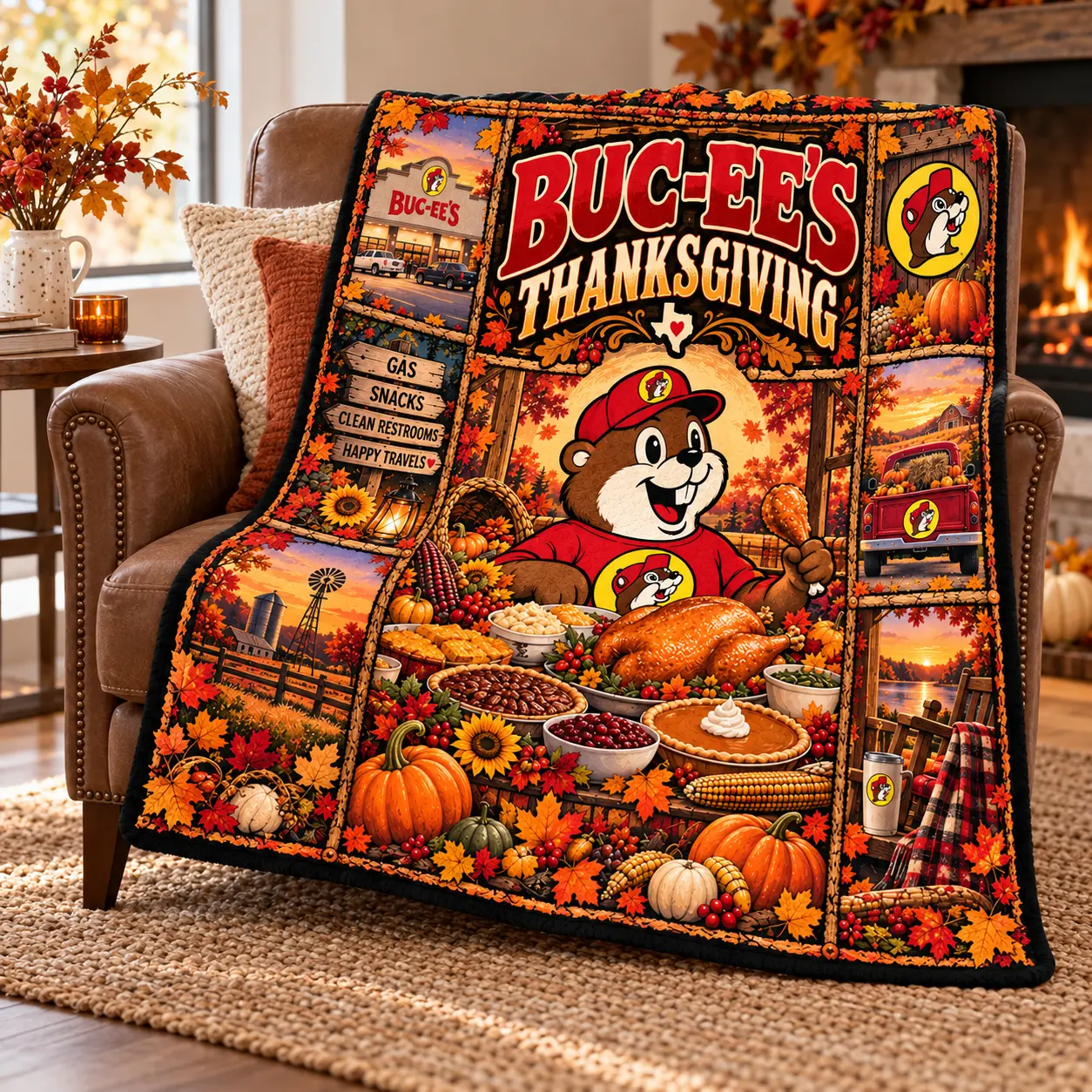 Buc-ee's Thanksgiving Gather and Give Thanks Fleece Blanket for Warm Family Road Trips NDN worn