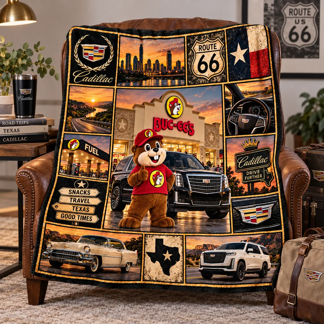 Buc-ee's Cadillac Black SUV Route 66 Fleece Blanket For Snacks Travel Good Times NDN worn