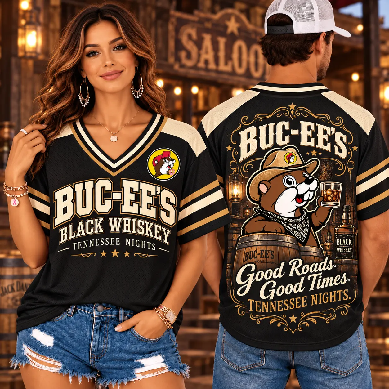 Buc-ee's Black Whiskey Tennessee Nights V-Neck Baseball Jersey For Good Roads Times NDN worn