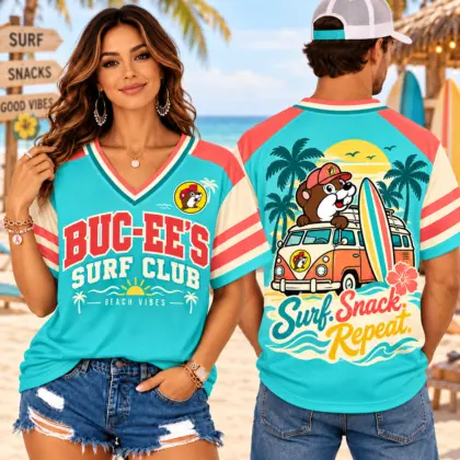Buc-ee's Surf Club Beach V-Neck Baseball Jersey For Surf Snack Repeat Adventures NDN worn