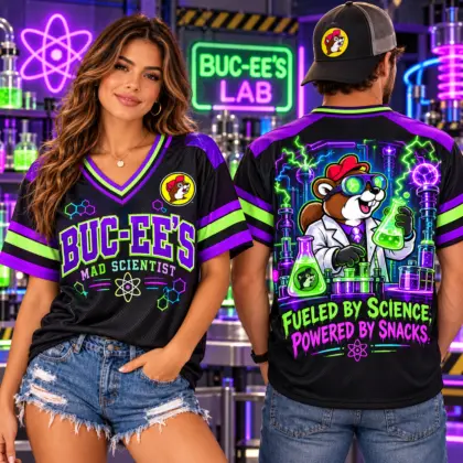 Buc-ee's Lab Scientist Neon V-Neck Baseball Jersey For Science Powered Snack Fans NDN worn