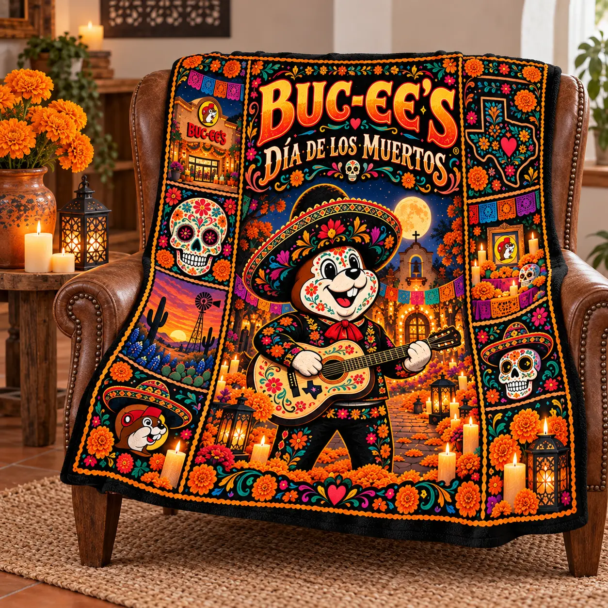 Buc-ee's Día de los Muertos Remember With Love Fleece Blanket for Colorful Family Memories NDN worn