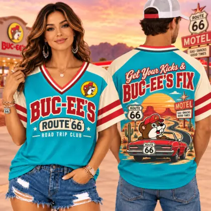 Buc-ee's Route 66 Road Trip Club V-Neck Baseball Jersey For Get Your Kicks Fans NDN worn