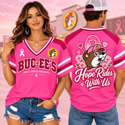 Buc-ee's Pink Ribbon Hope Rides With Us V-Neck Baseball Jersey For Brighter Tomorrows NDN worn