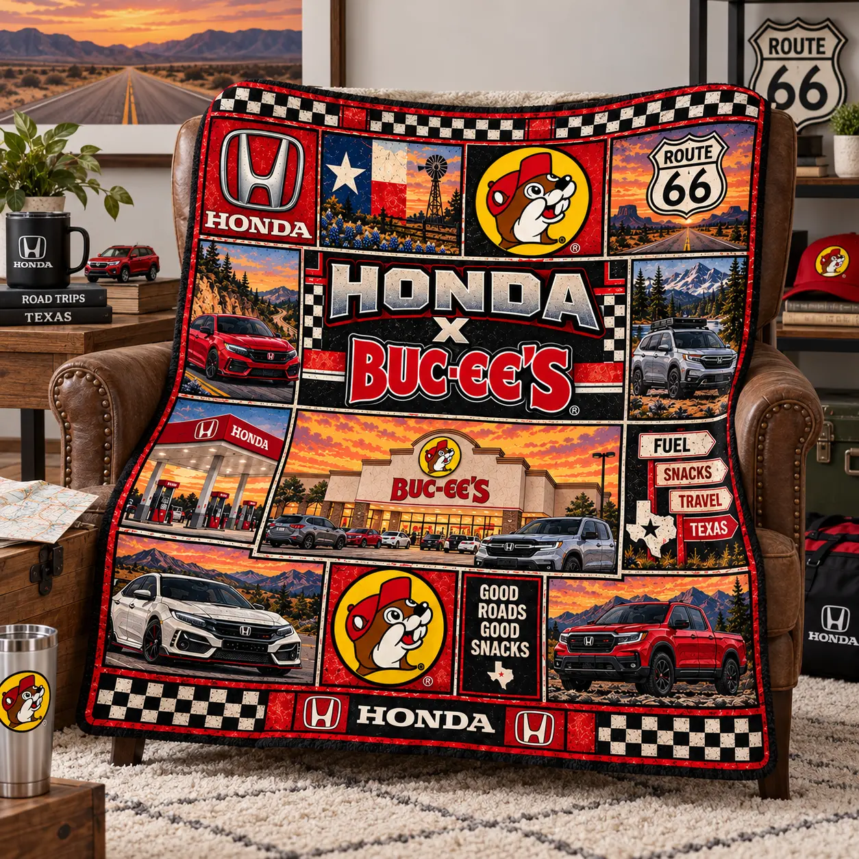 Buc-ee's Honda Sunset Cars Texas Flag Fleece Blanket For Route 66 Road Trip Fans NDN worn