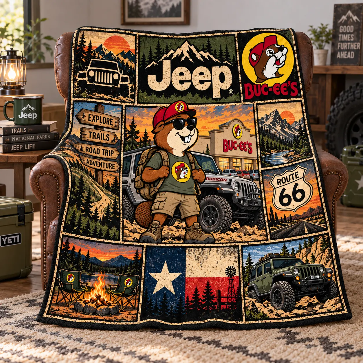 Buc-ee's Jeep Green Off-Road Texas Fleece Blanket For Route 66 Trail Ride Fans NDN worn