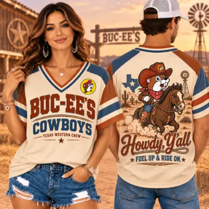 Buc-ee's Cowboys Howdy Y'all Western V-Neck Baseball Jersey For Fuel Up Ride On NDN worn