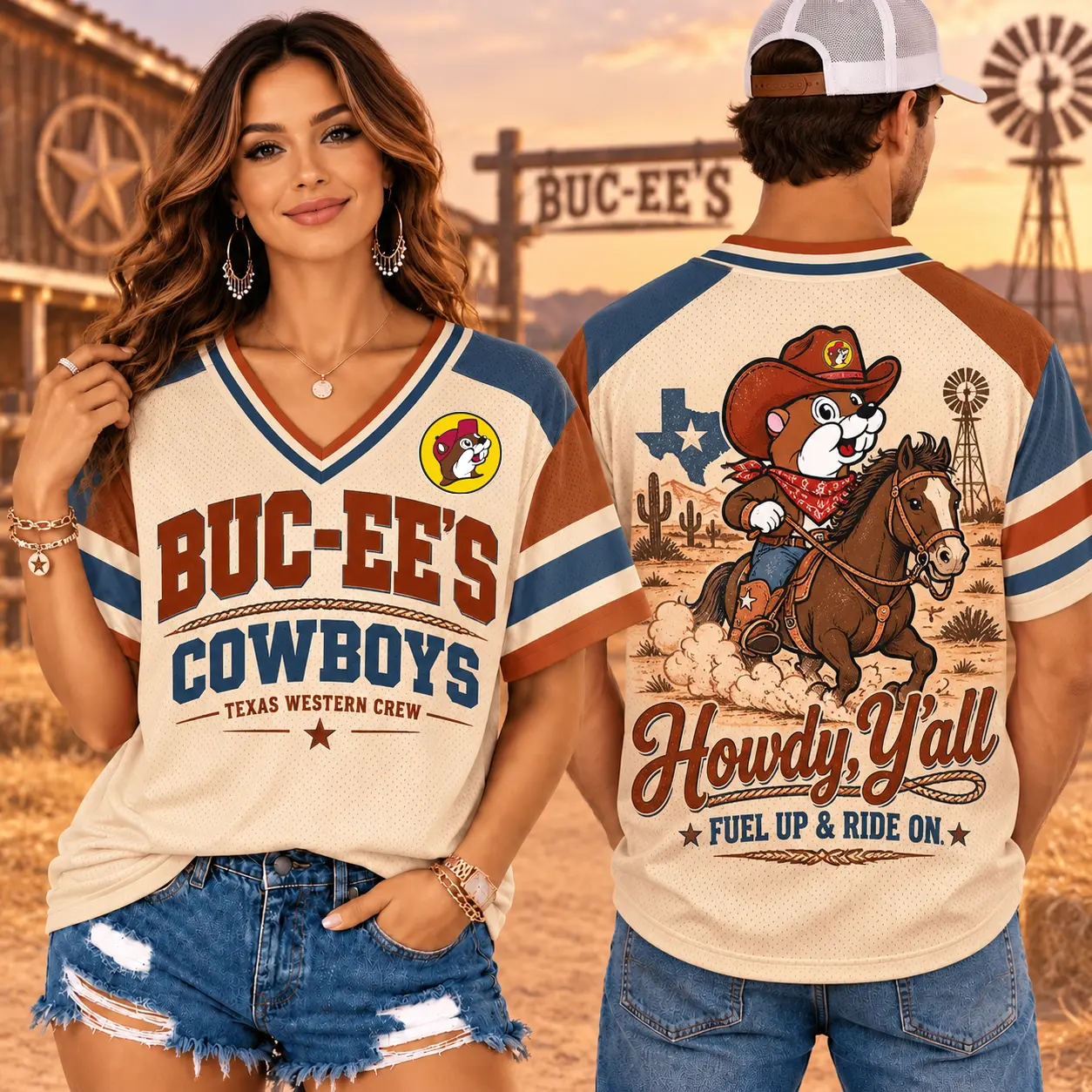 Buc-ee's Cowboys Howdy Y'all Western V-Neck Baseball Jersey For Fuel Up Ride On NDN worn