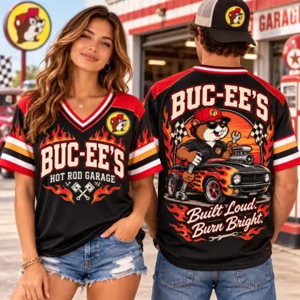 Buc-ee's Hot Rod Garage Flame V-Neck Baseball Jersey For Built Loud Burn Bright NDN worn
