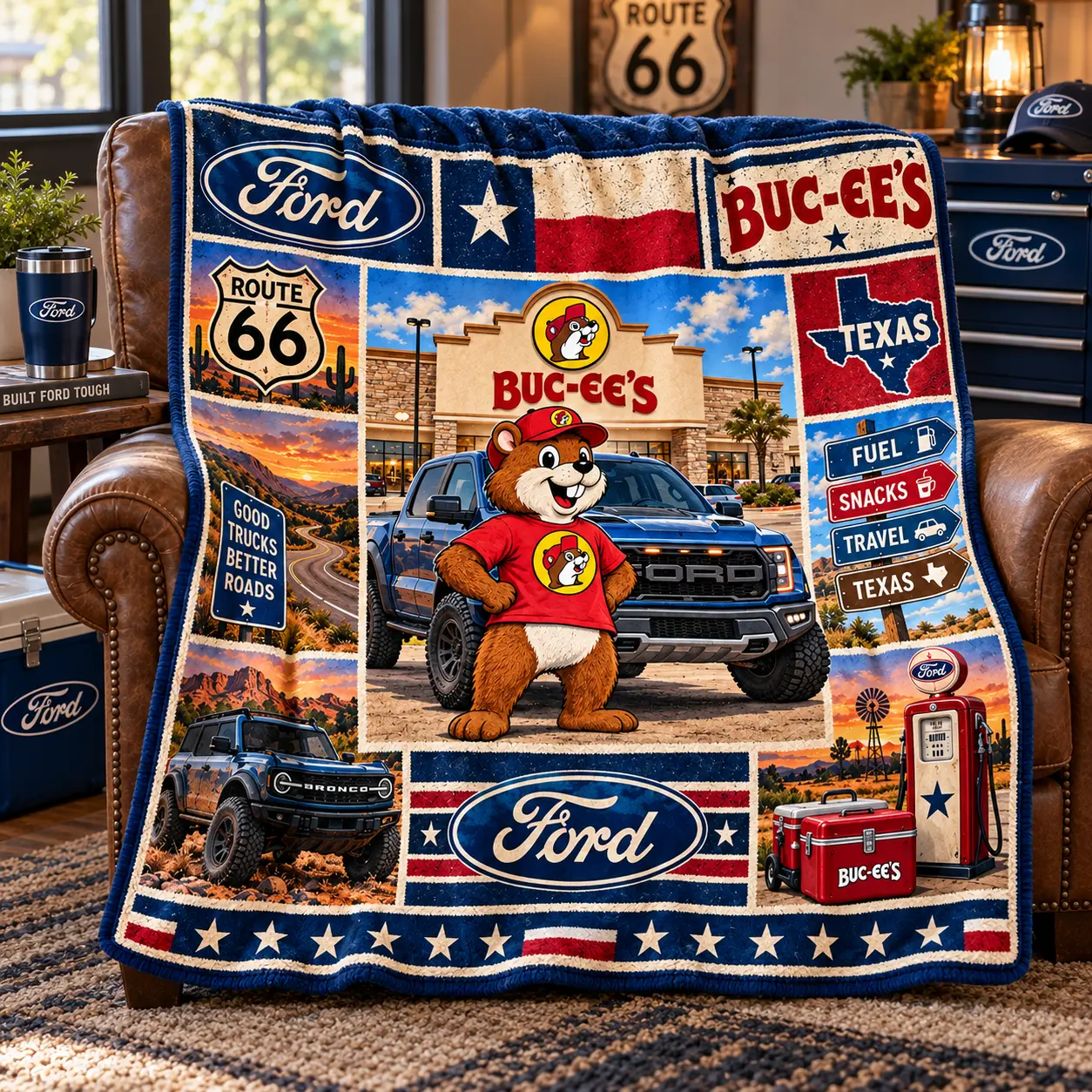 Buc-ee's Ford Texas Flag Blue Truck Fleece Blanket For Route 66 Road Trip Fans NDN worn