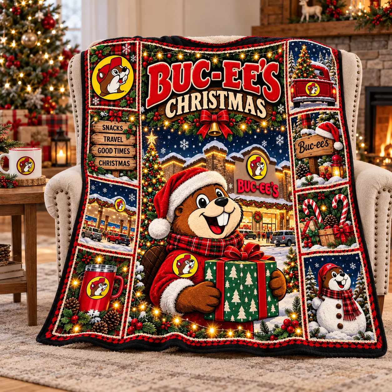 Buc-ee's Christmas Roadside Cheer Fleece Blanket for Cozy Holiday Nights and Beaver Fans NDN worn