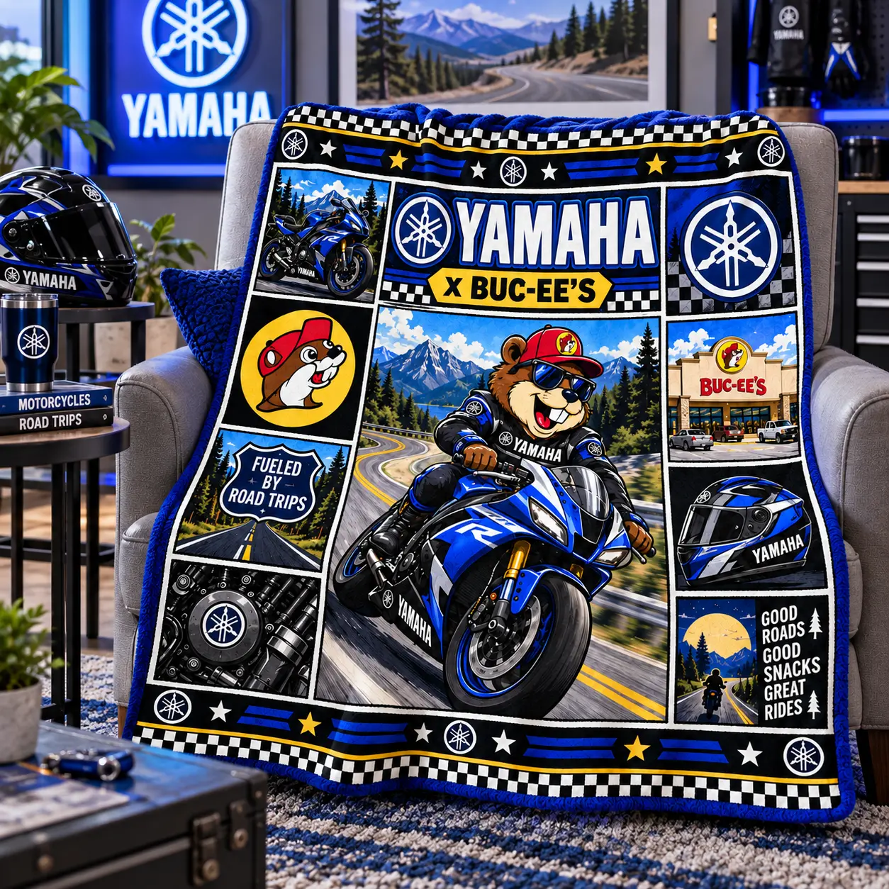 Buc-ee's Yamaha Blue Sportbike Beaver Fleece Blanket For Checkered Racing Road Fans NDN worn