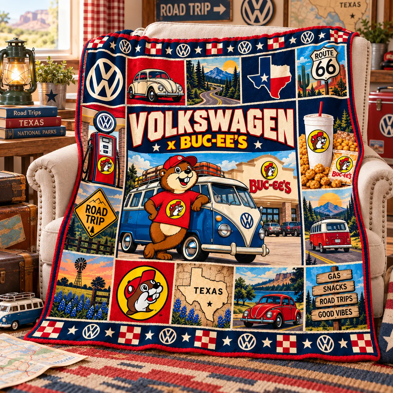 Buc-ee's Volkswagen Blue Bus Texas Fleece Blanket For Route 66 Road Trip Fans NDN worn