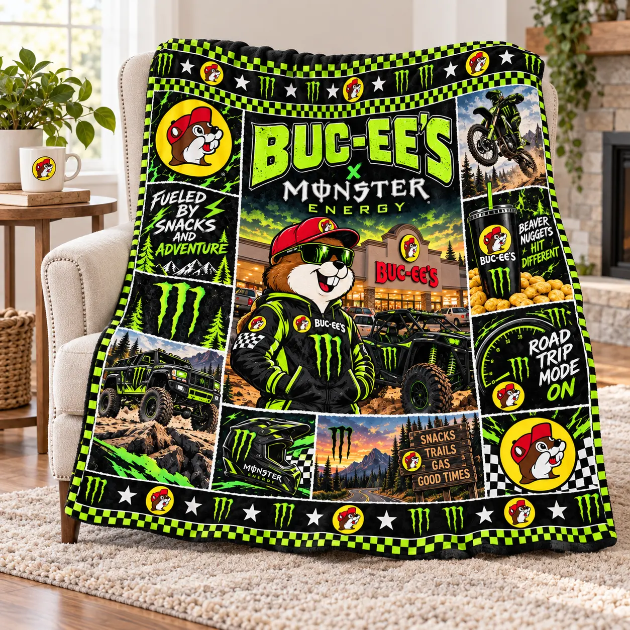 Buc-ee's Monster Energy Neon Green Claw Fleece Blanket For Racing Beaver Fans NDN worn