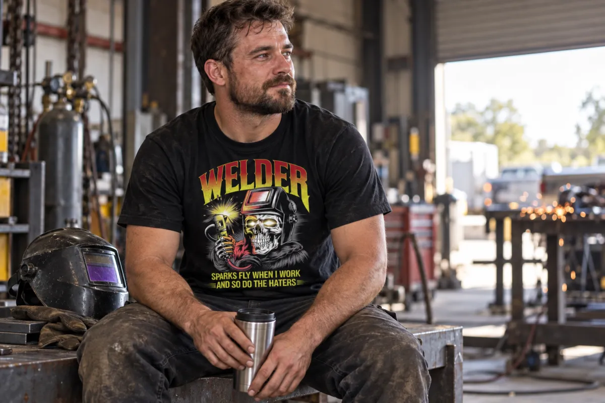 Welder on a break wearing a Movie Music Memories tee