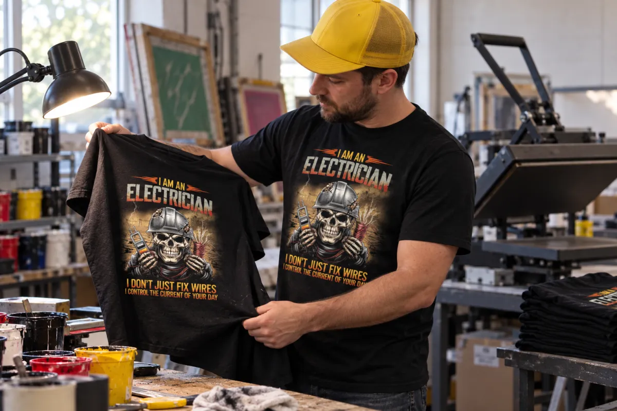 Checking a freshly printed shirt at the press